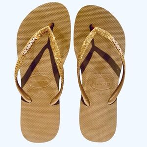 Havaiana Flip Flop Sandals Slim Collection Gold Glitter II Metallic Women 9/10
